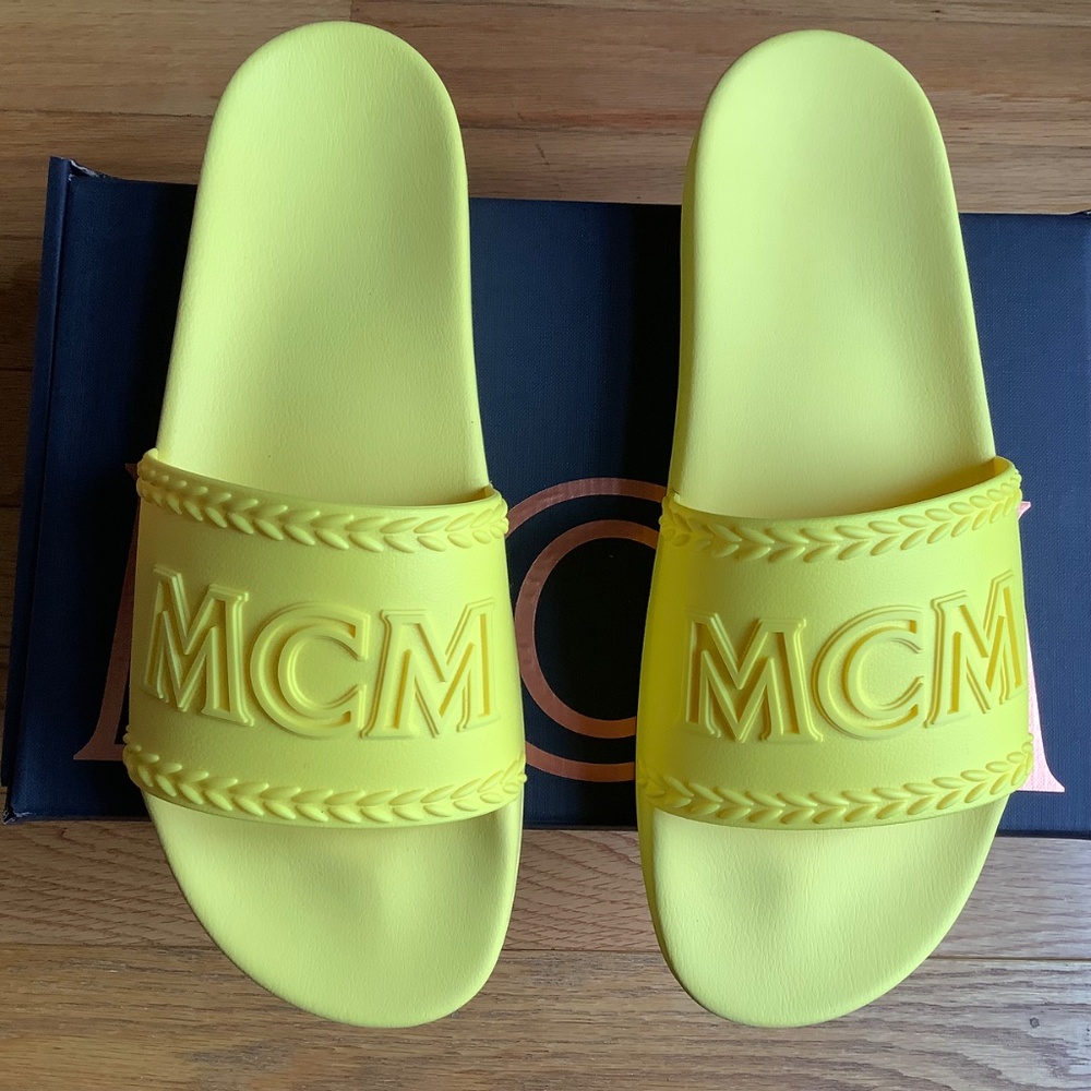 MCM Logo Slide Sandals Yellow SZ12 - Picture 9 of 16
